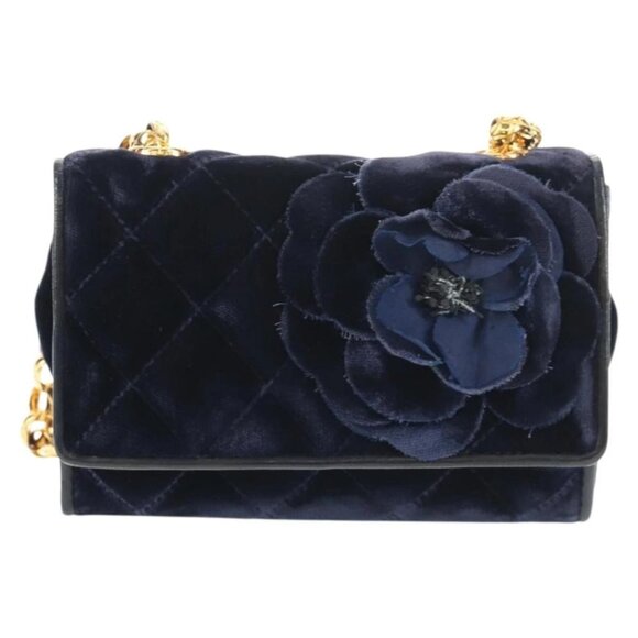 CHANEL Camellia Matelasse Flap Chain Bag Velor Navy Gold CC Auth bs29963V - Picture 2 of 16